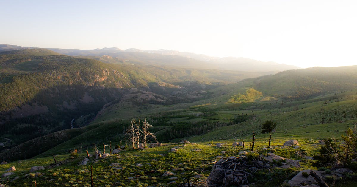 Picturesque mountain landscape during sunrise in Wyoming with rolling hills and lush greenery.